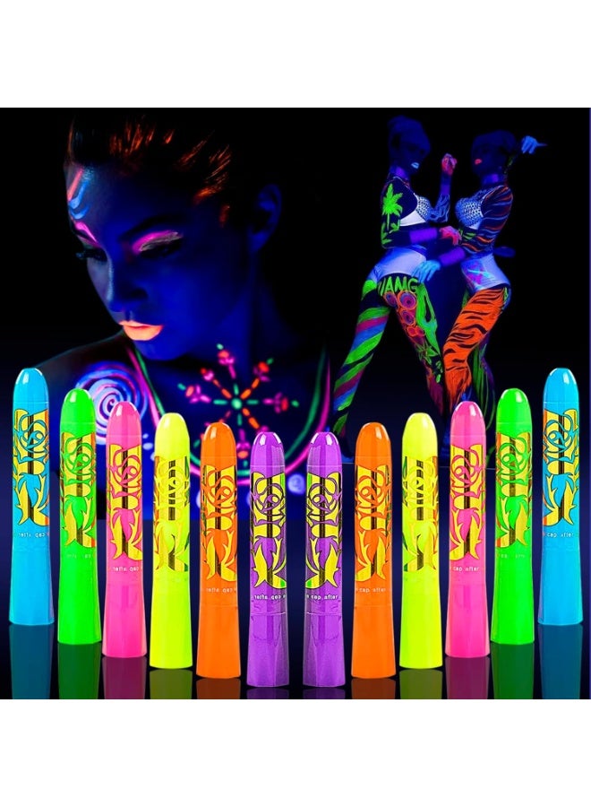 12 جهاز كمبيوتر شخصي يتوهج في طلاء جسم الوجه المظلم ، UV Black Light Glow Makeup Kit للأطفال الكبار ، طلاء الوجه الفلورسنت غير السام قلم الأقلام لحفلة عيد الميلاد ماكياج هالوين - Image 1